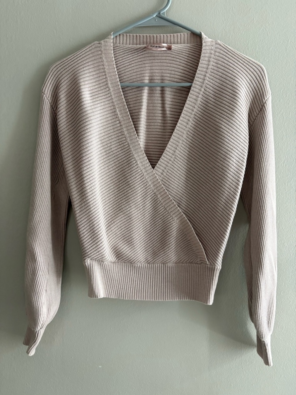 Ribbed Wrap V-Neck Sweater in Light Taupe